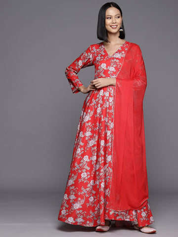 Red Floral Printed Angrakha Style Anarkali Kurta Paired With Chiffon Solid Dupatta